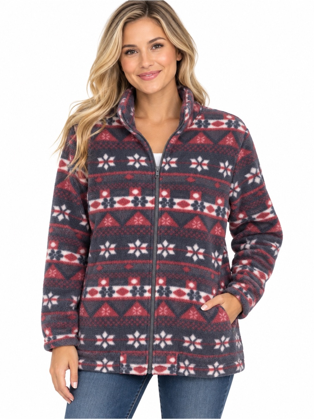 Haband Printed Full-Zip Teddy Jacket in Red, blue & White